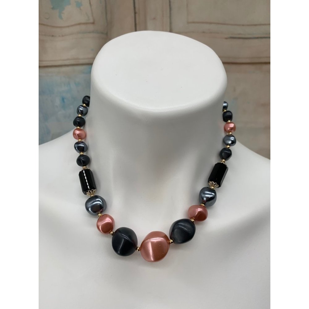 Japan Chunky Beads Necklace  18" Length Pink/Peach, Gray/Blue, Gold Tone   Gold